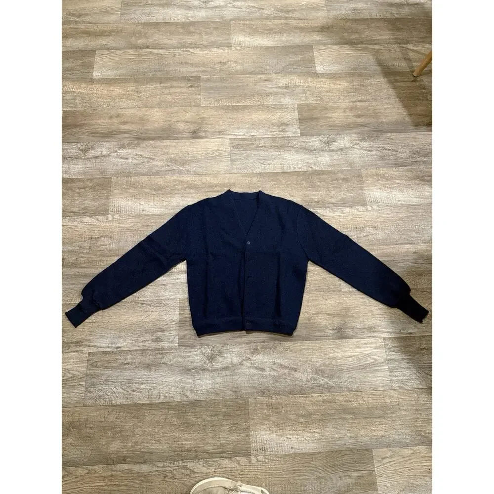 Vintage Men’s Medium Navy Blue Button Front Cardigan Sweater V-Neck